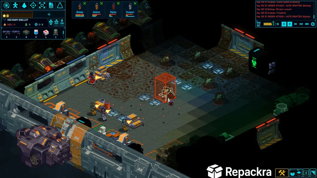 Space Haven tactical combat gameplay screenshot showing crew fighting an alien creature.