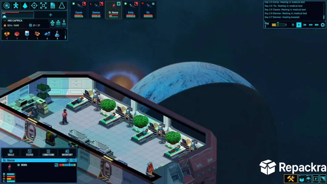 Space Haven spaceship medical bay gameplay screenshot with patients in beds near a planet.