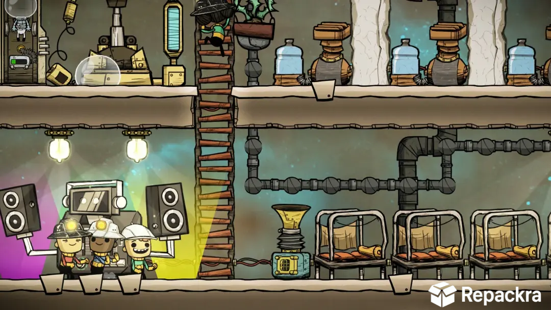 Gameplay screenshot of Oxygen Not Included displaying Duplicants dancing near a jukebox alongside a base sleeping area and ladder network.