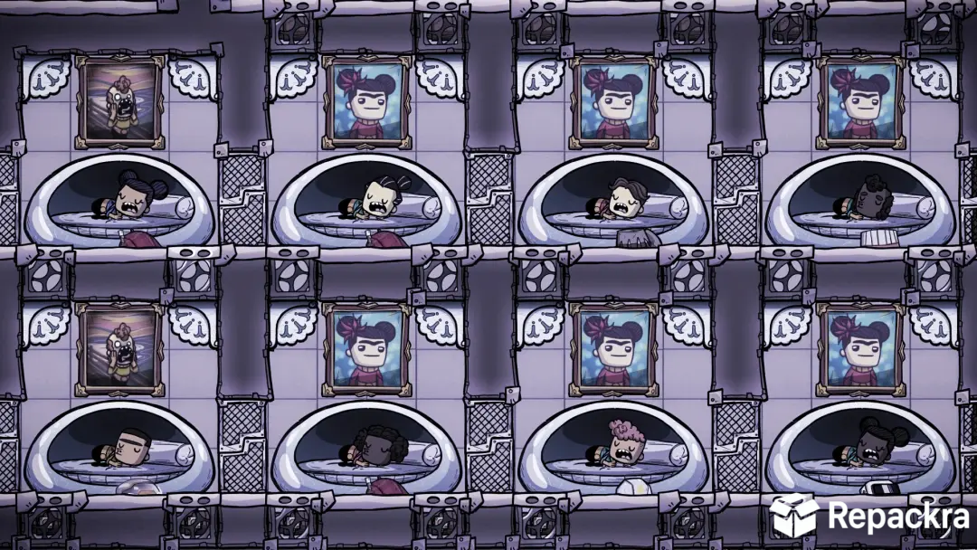 Gameplay screenshot of Oxygen Not Included displaying several Duplicant characters sleeping in structured comfy pods beneath custom wall paintings.