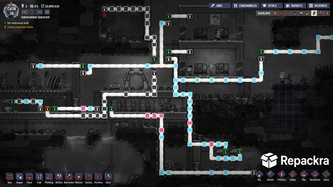 Gameplay screenshot of Oxygen Not Included displaying the base's active fluid piping network using the ventilation or plumbing overlay.