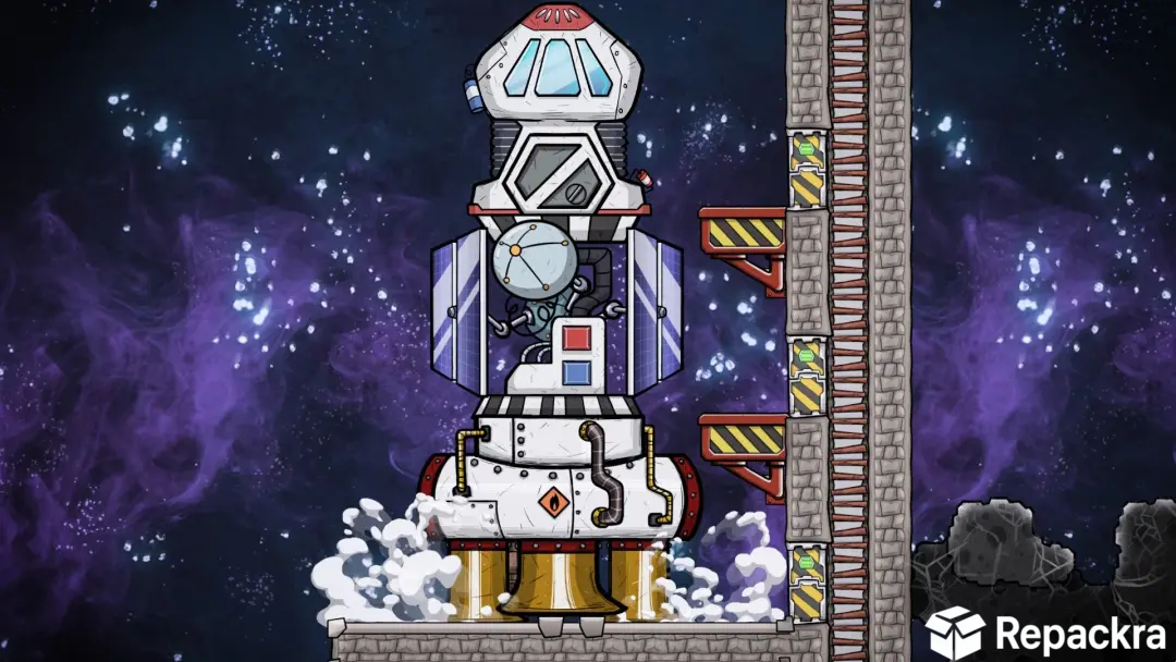 Gameplay screenshot of Oxygen Not Included displaying a space rocket venting smoke on a launchpad against a purple nebula backdrop.An in-game screenshot from Oxygen Not Included showing a multi-stage space rocket docked at a launch gantry facility, venting smoke at its engines against a cosmic deep-space background with a Repackra logo.