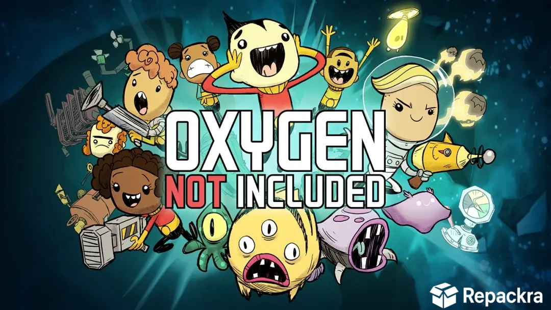Promotional feature artwork for Oxygen Not Included showing various cartoon duplicant characters and alien creatures surrounding the game title with a Repackra logo overlay.