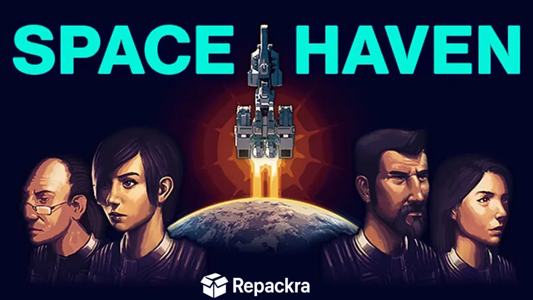 Space Haven PC game promotional banner featuring a spaceship and crew.