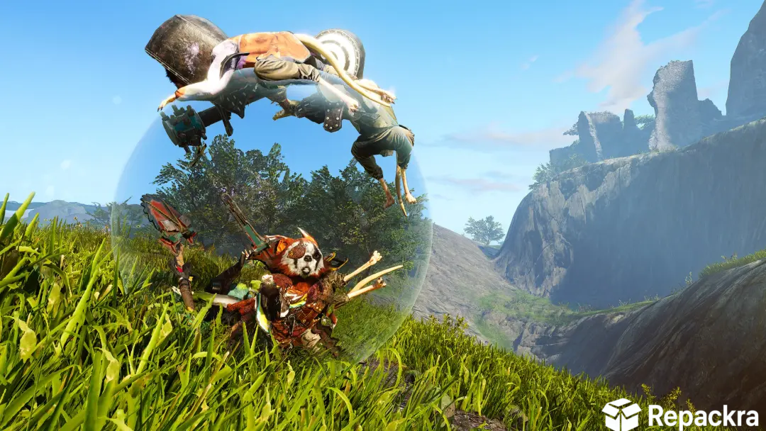 Biomutant for PC gameplay screenshot showing a mutant creature warrior inside a bubble on a grassy hill background.