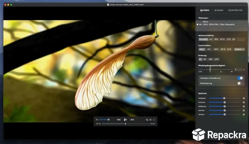 IINA media player interface on macOS showing a nature video alongside open video adjustment sliders and configuration options.