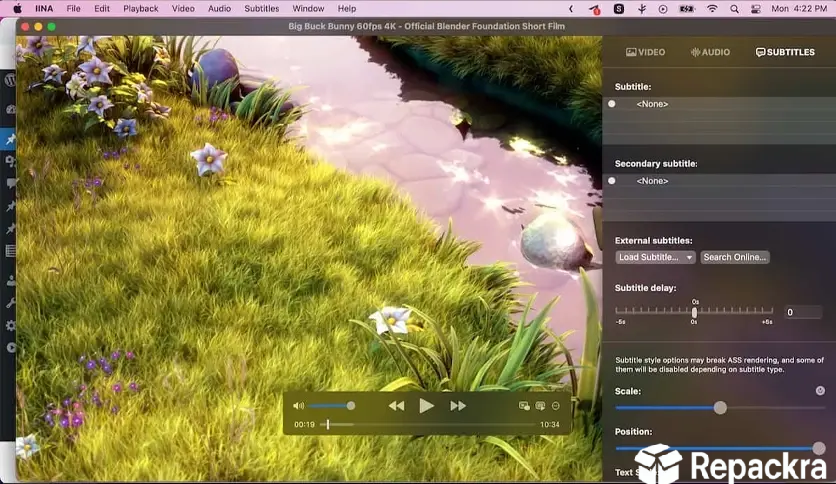 IINA media player on macOS playing Big Buck Bunny with the subtitle configuration sidebar menu open.