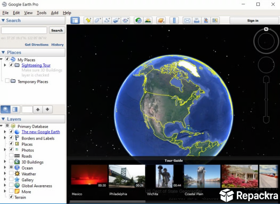 Google Earth Pro desktop application showing the initial loading screen with a prompt window on Windows