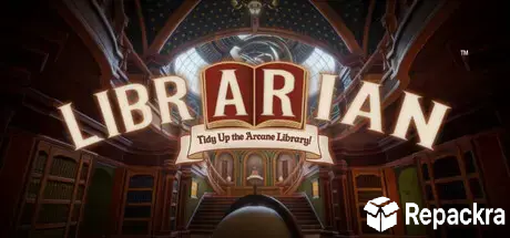 Librarian game logo featuring an open book graphic over a grand fantasy library background.