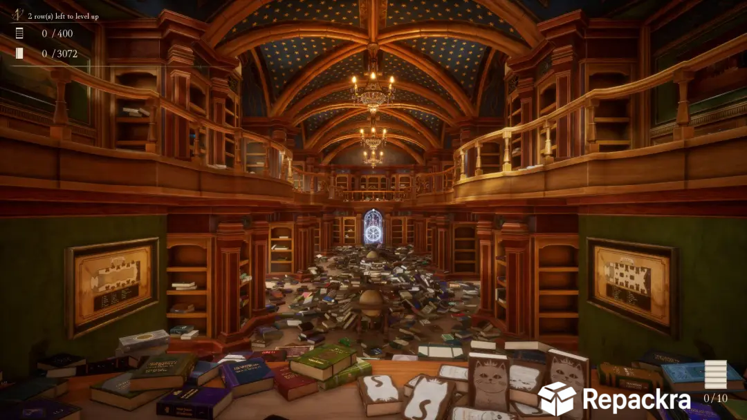 Librarian game first-person view of a massive, messy two-story library hall with vaulted ceilings.