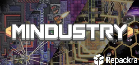 Mindustry game logo over an industrial factory and tower defense gameplay background.