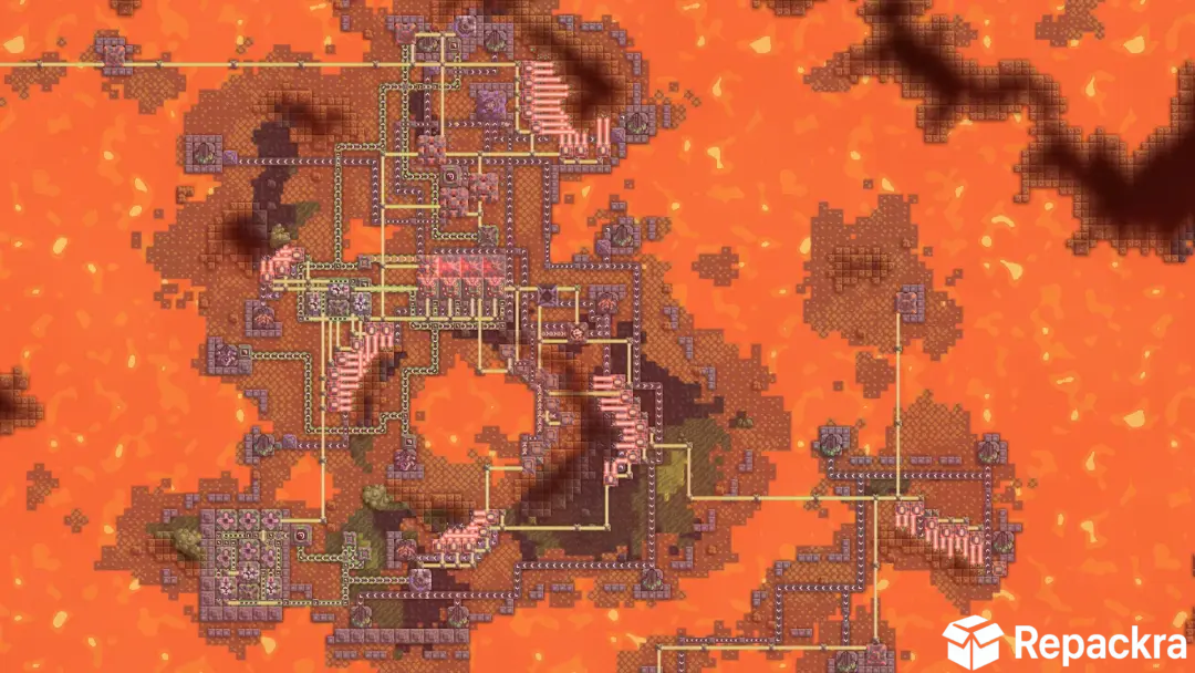 Mindustry top-down view of a factory built on islands surrounded by liquid lava.