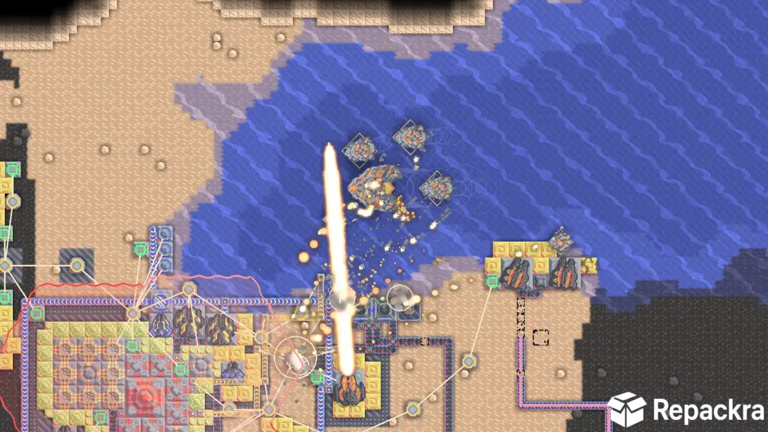 Mindustry top-down view of coastal turrets firing a laser beam at enemy ships.
