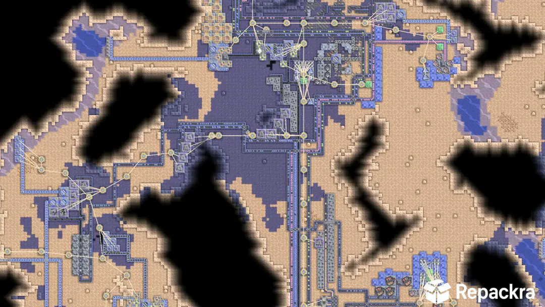 Mindustry top-down view of a desert base with sprawling conveyor supply networks.