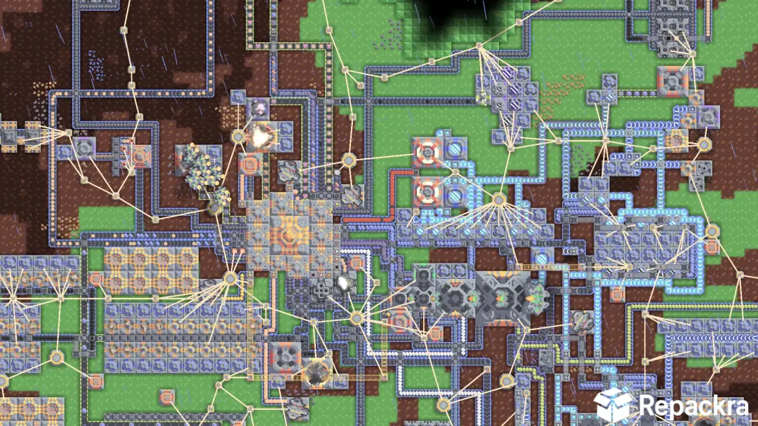 Mindustry top-down gameplay view showing complex conveyor belts, power lines, and factory modules.