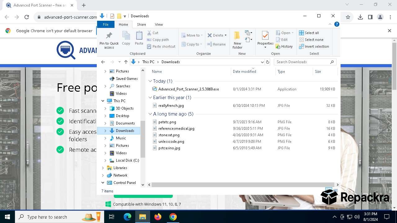 Windows File Explorer open to the Downloads folder showing the Advanced Port Scanner installation file over a web browser background.