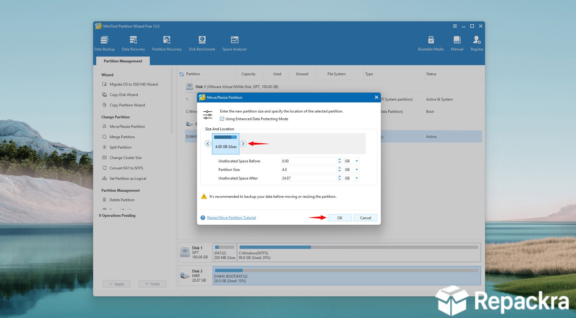 MiniTool Partition Wizard interface showing a Move or Resize Partition window configuration.