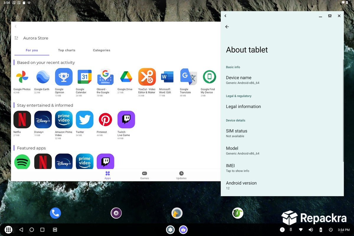 Bliss OS desktop interface showing Aurora Store and About Tablet settings windows.