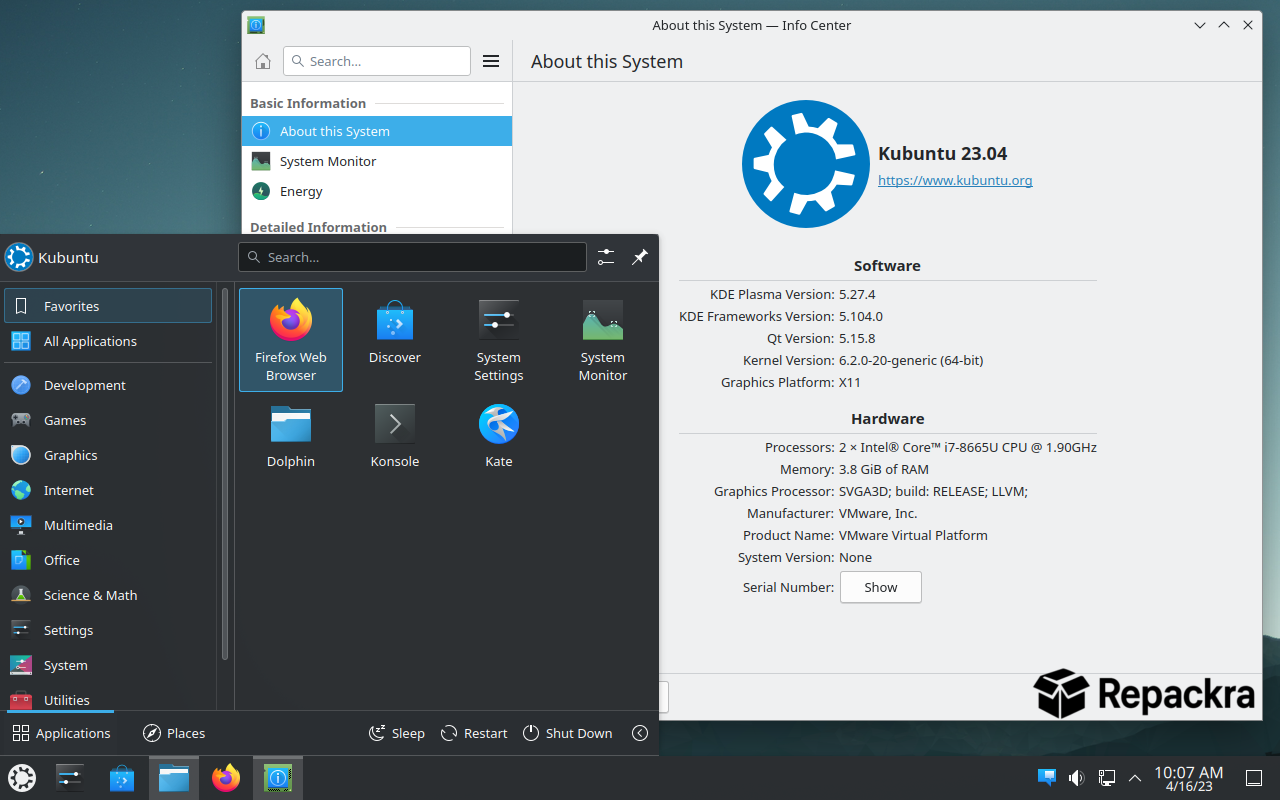 Kubuntu Linux desktop screenshot with the system info panel and applications menu open.