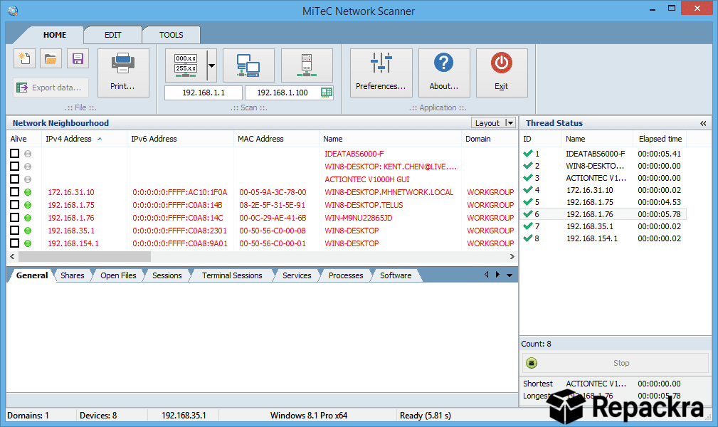 MiTeC Network Scanner desktop application showing active IPv4 and IPv6 addresses with MAC addresses and device names.