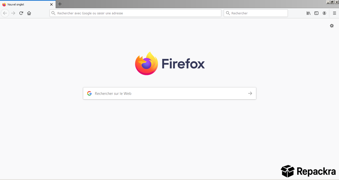 Mozilla Firefox browser interface showing the default new tab start page with a central search bar in French.