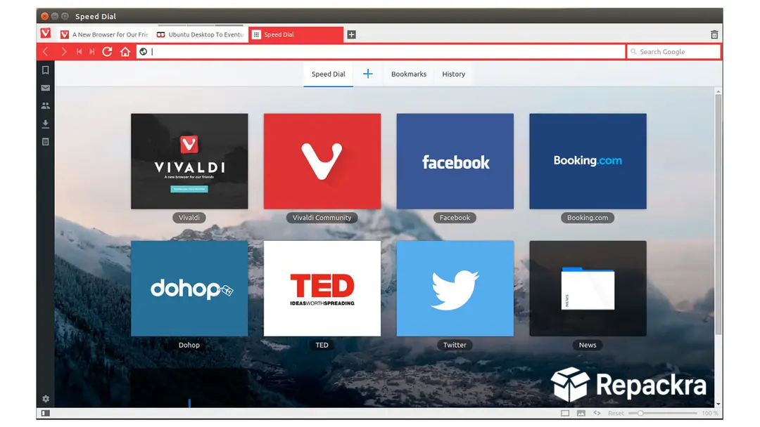 Vivaldi web browser interface showing the speed dial shortcut grid page.