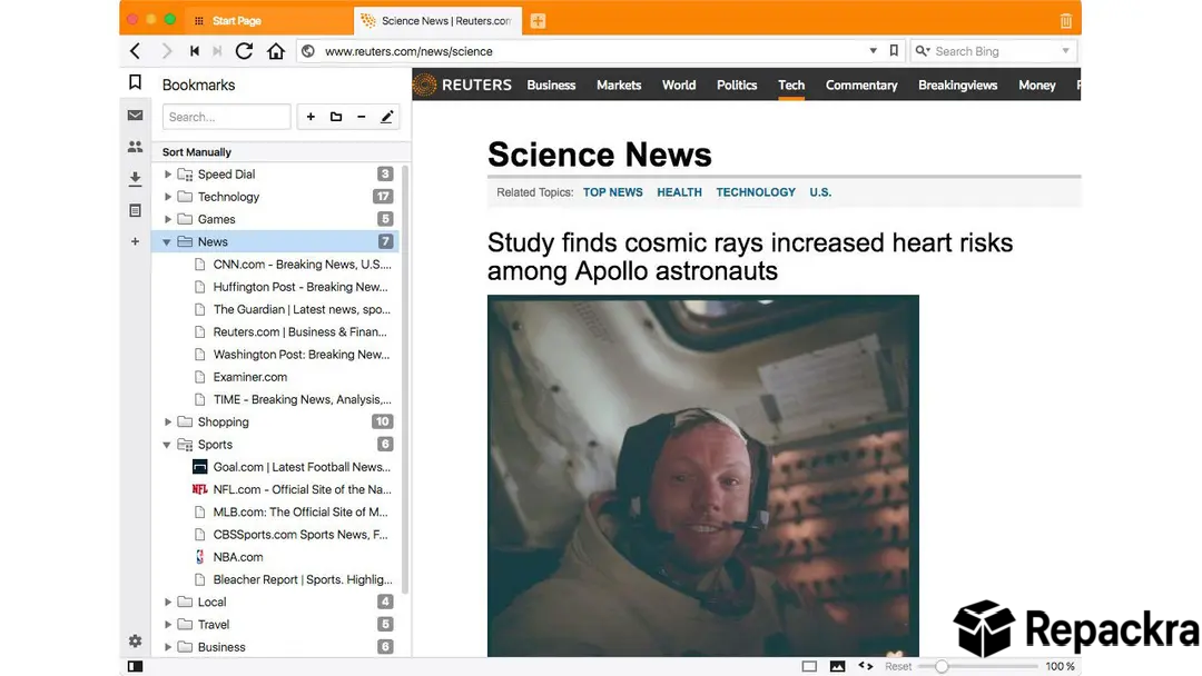 Vivaldi web browser interface displaying an active side bookmark panel next to a news website.