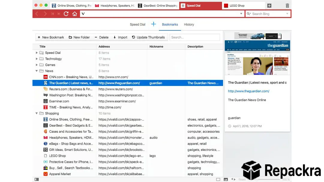 Vivaldi web browser full-page bookmarks manager showing a folder list and link details.