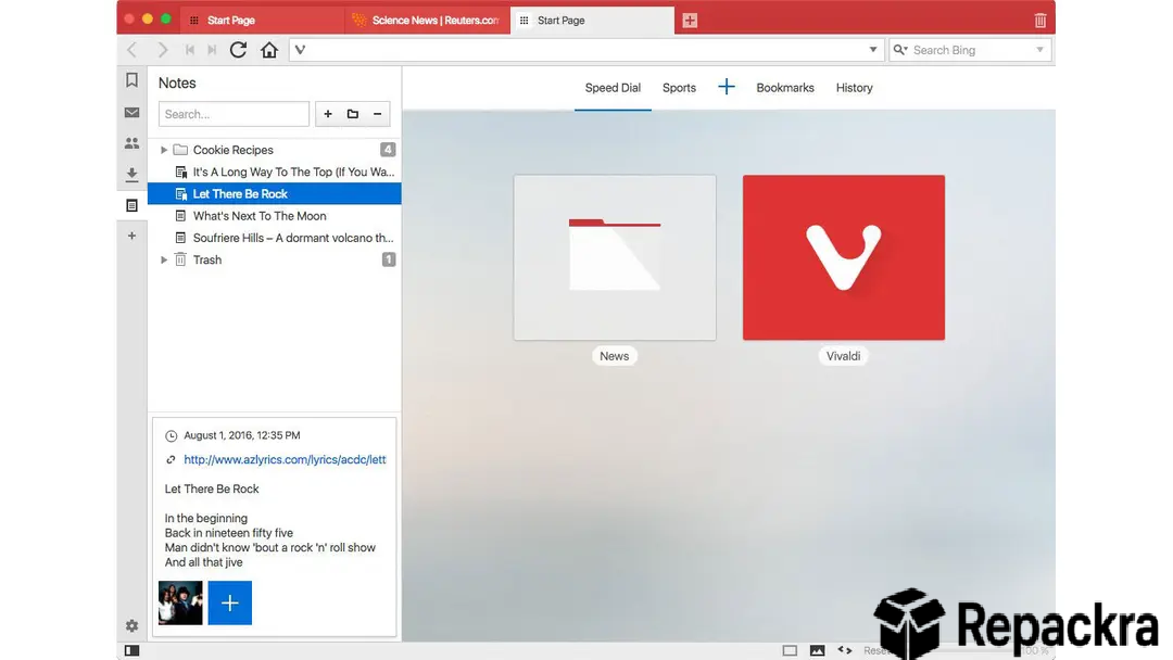 Vivaldi web browser interface displaying an active side panel for note taking