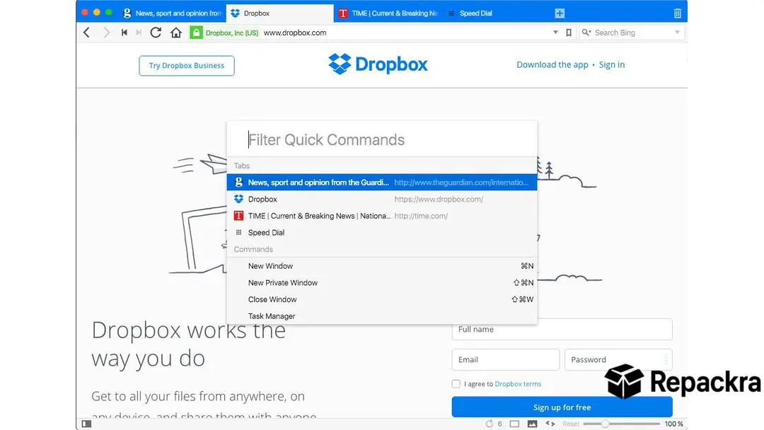Vivaldi web browser interface with the Filter Quick Commands search menu open.