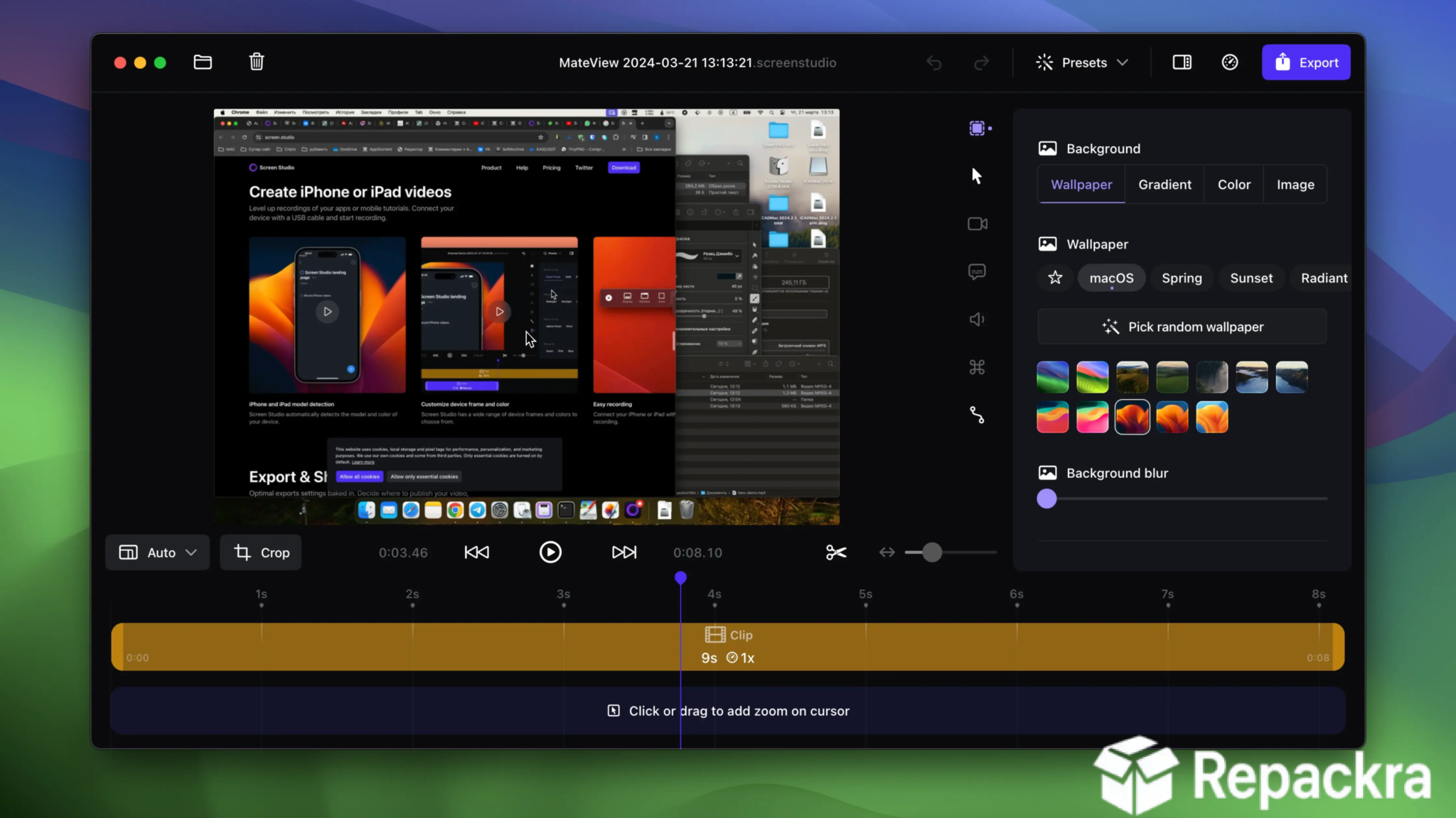 Screen Studio for Mac interface showing a video editing timeline, cursor zoom options, and background wallpaper customization panels.
