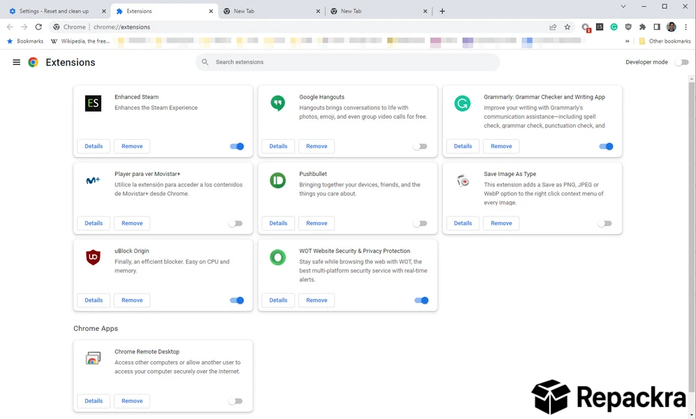 Google Chrome for Windows extensions management dashboard layout.