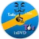A circular blue and yellow graphic resembling a printable DVD face featuring a Guy Fawkes mask, the Tor onion logo, and text reading Tails 1xDVD.