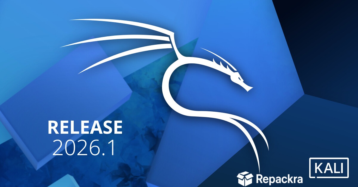 Kali Linux Release 2026.1 promotional banner featuring the white dragon logo against a blue geometric background with Repackra branding.