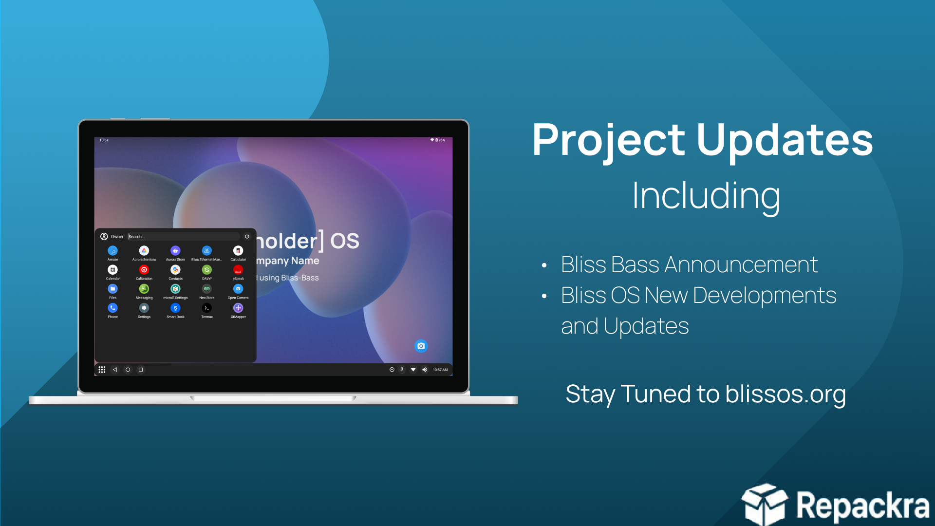 Bliss OS project updates announcement banner with laptop graphic.