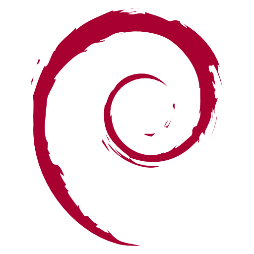 Debian Linux distribution logo showing the red spiral swirl icon on a white background.