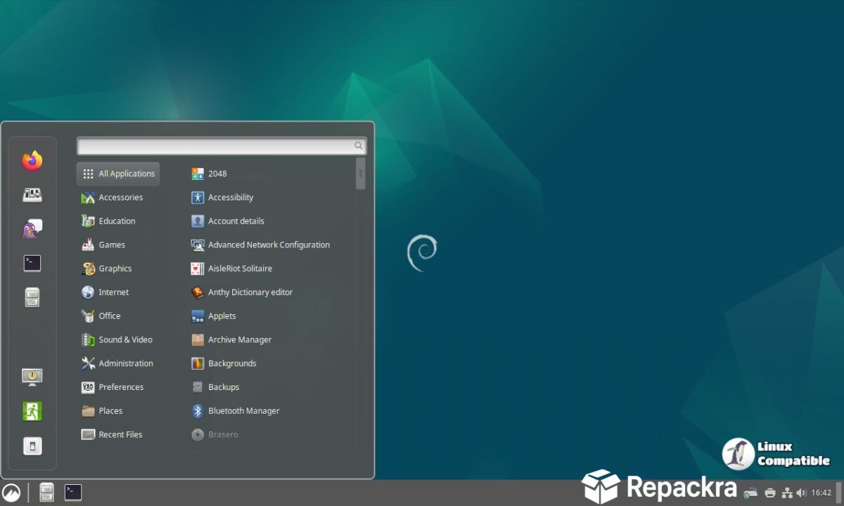 Debian Linux desktop interface showing the open Cinnamon application menu over a dark teal background.