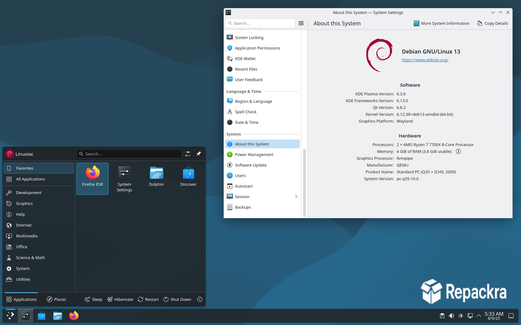 Debian 13 desktop interface showing an open applications launcher menu and the KDE System Settings information panel.