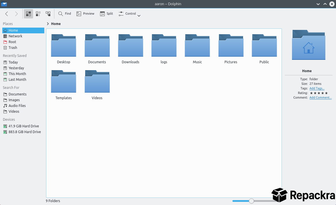 Kubuntu Linux Dolphin file manager window showing home directory folders.