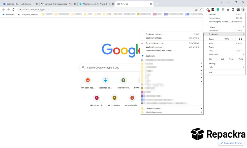 Google Chrome for Windows bookmarks setting dropdown menu.