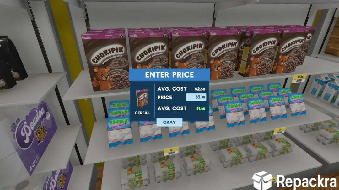 Supermarket Simulator gameplay showing the pricing menu for cereal boxes on a store shelf.