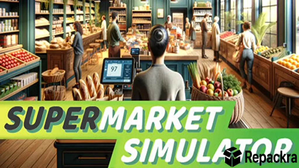 Supermarket Simulator game interface showing a cashier counter and grocery shelves.