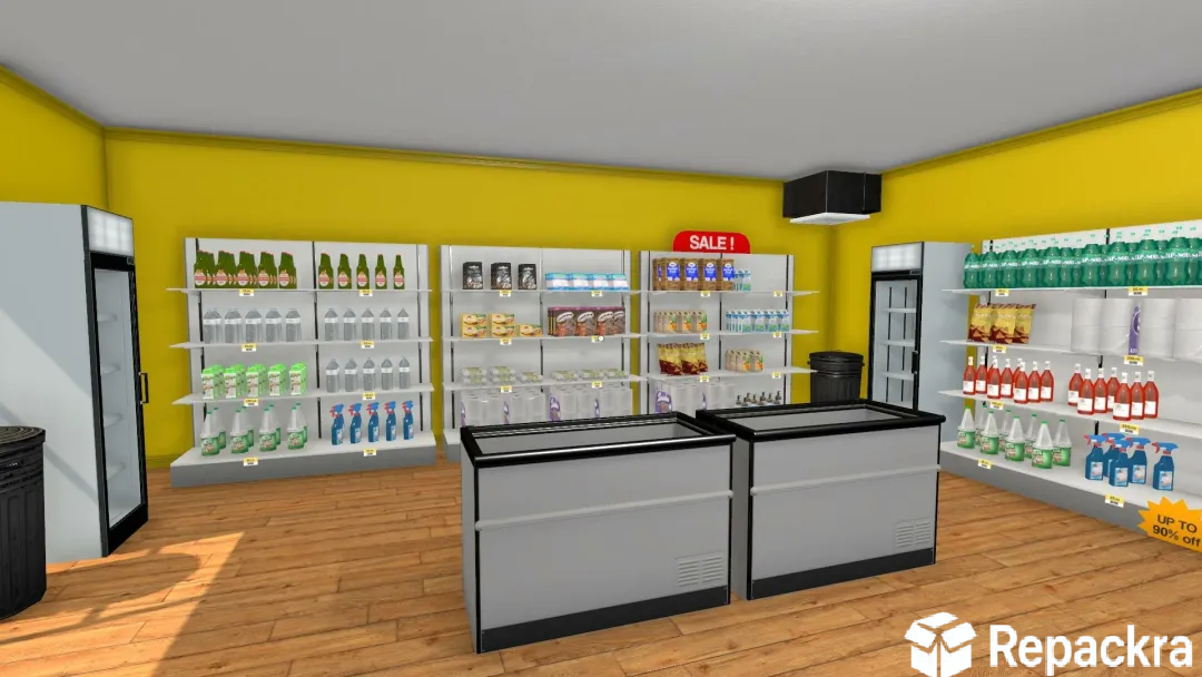 Supermarket Simulator gameplay showing commercial display freezers and wall shelves.