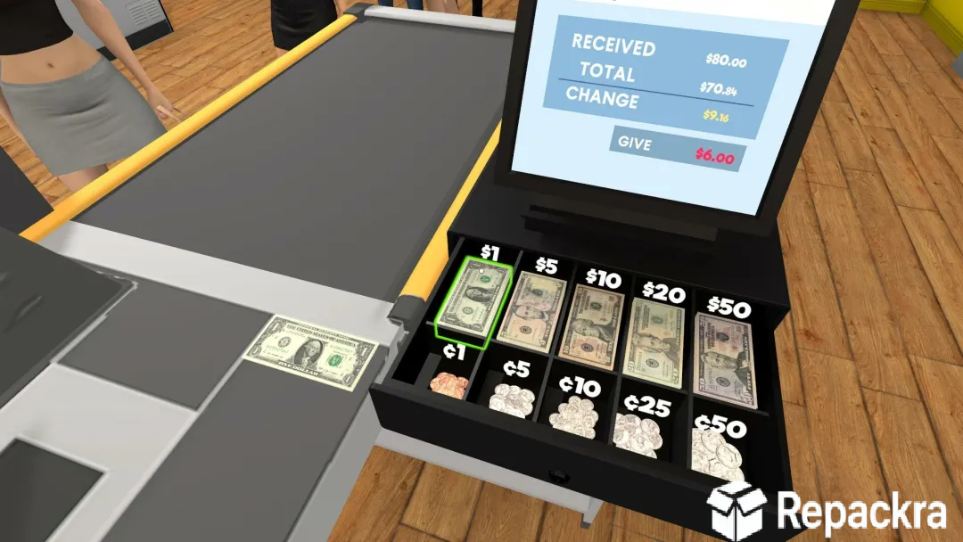 Supermarket Simulator gameplay showing an open cash register drawer filled with money.