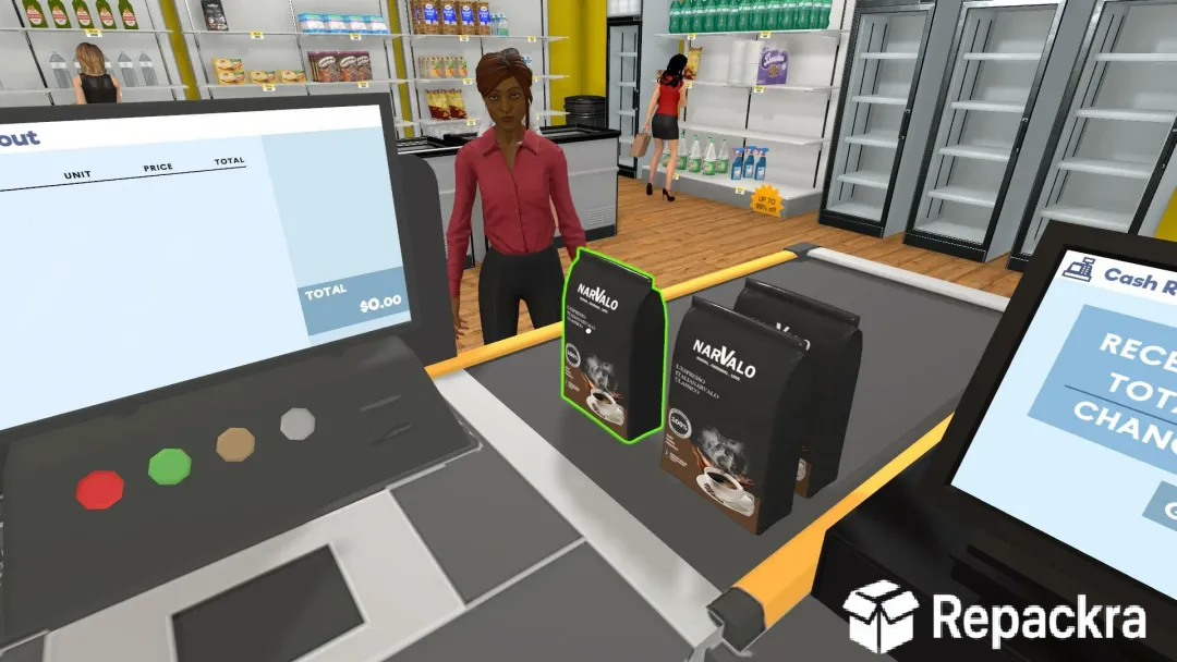 Supermarket Simulator gameplay showing customer checking out items at the cash register.