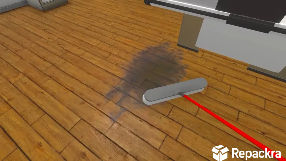Supermarket Simulator gameplay showing a mop cleaning a dirty spill on the floor.