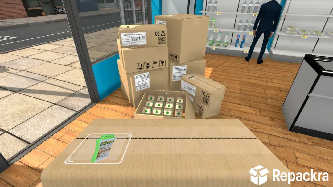 Supermarket Simulator gameplay showing stacked delivery cardboard boxes near the store entrance.