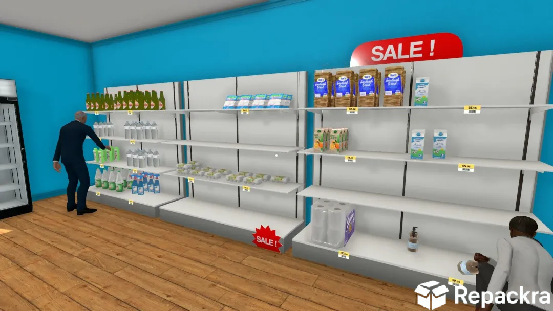Supermarket Simulator game showing stocked grocery shelves and customer NPCs.