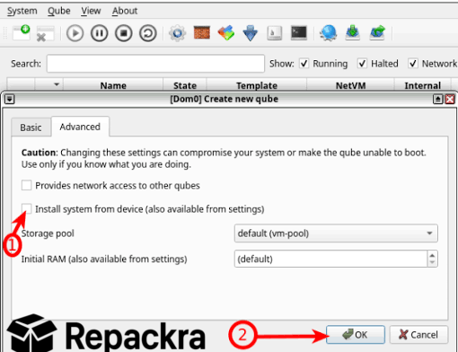 Qubes OS Create New Qube configuration panel interface window.
