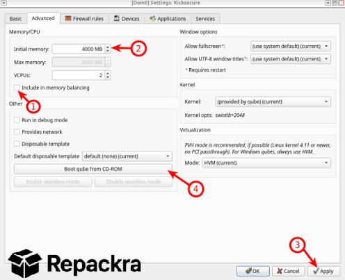 Qubes OS advanced configuration options for Kicksecure template.